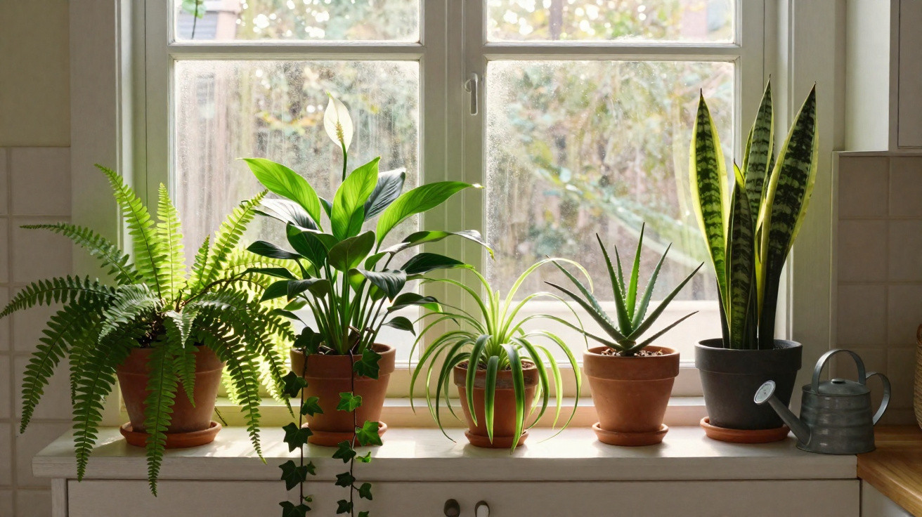 Janelas com cinco plantas de interior em vasos alinhados e regador metálico à direita na cozinha.