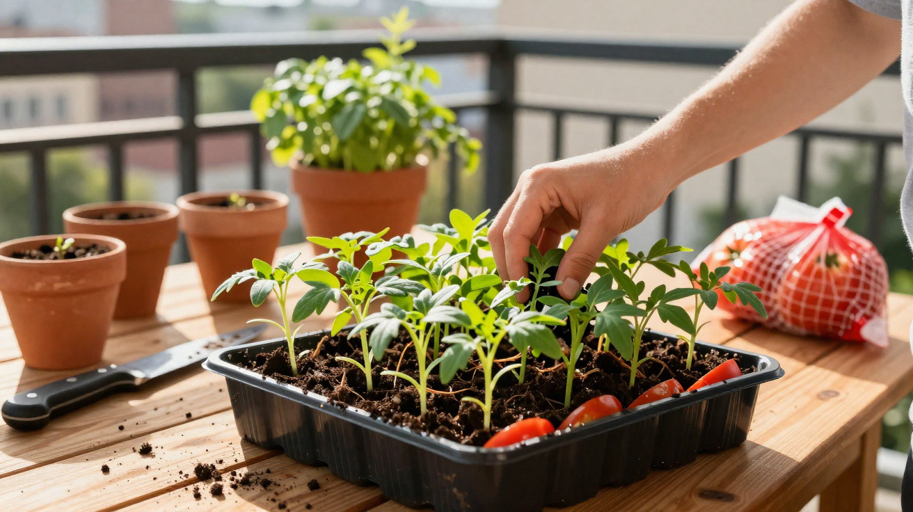 Mãos a cuidar de brotos verdes em tabuleiro com terra e tomates, vasos com plantas ao fundo numa varanda.
