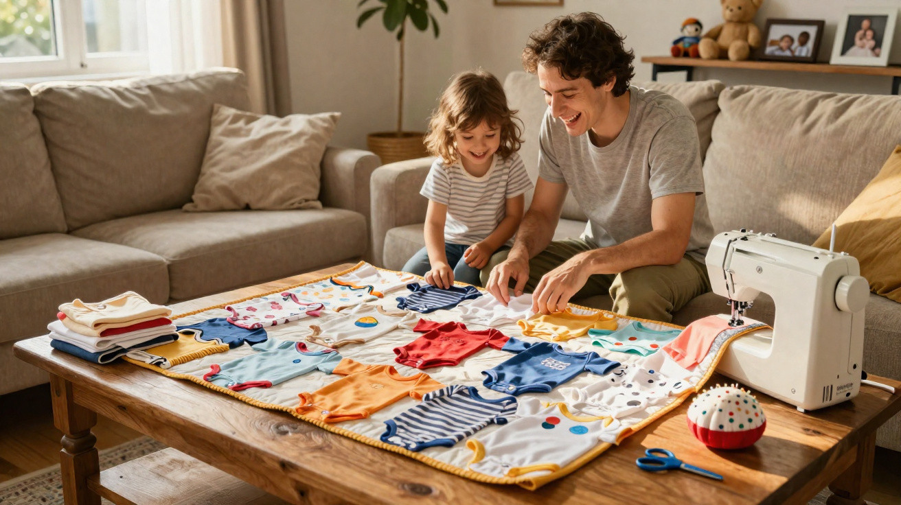 Mulher e criança felizes a organizar peças coloridas de roupa de bebé numa mesa com máquina de costura.