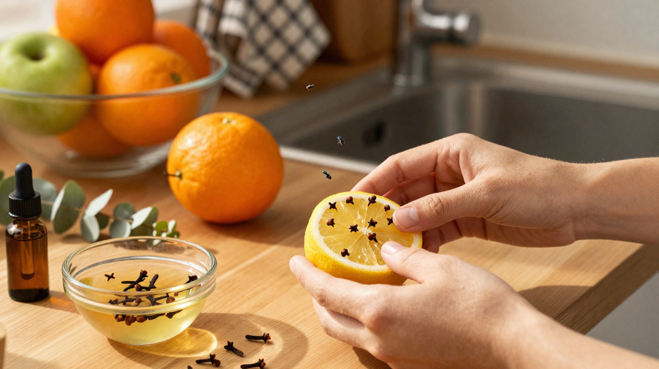 Mãos a espetar cravos numa metade de limão numa mesa com frutas, óleo essencial e ramo de eucalipto.