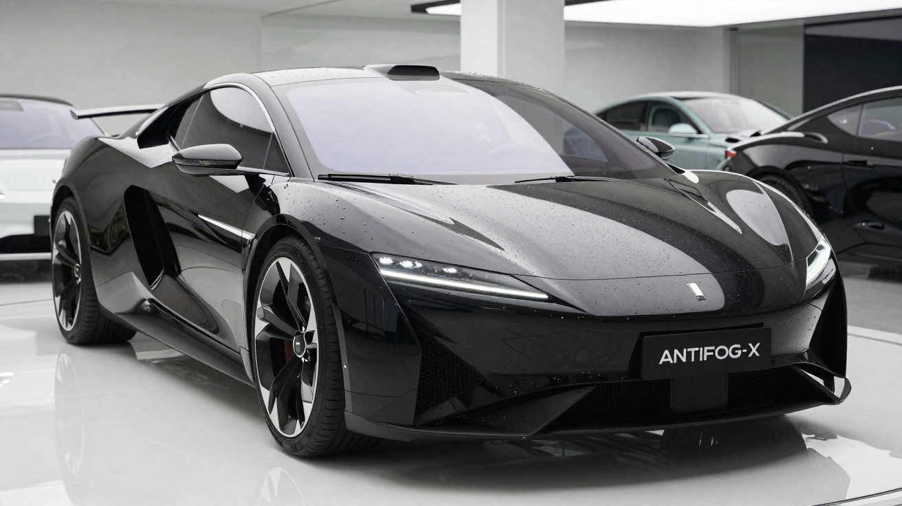 Carro desportivo elétrico preto com design aerodinâmico exibido em showroom moderno.