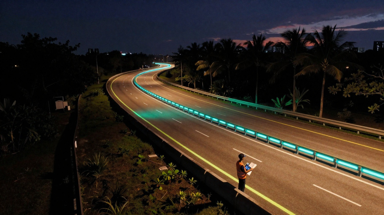 Engenheiro em colete refletor verifica estrada iluminada com sinalização luminosa azul à noite.
