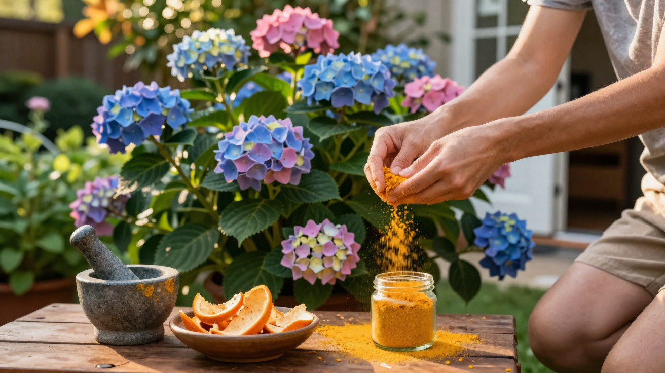 Mãos a preparar pó laranja com pedras de mortaio e flores azuis de hortênsia ao fundo num jardim.