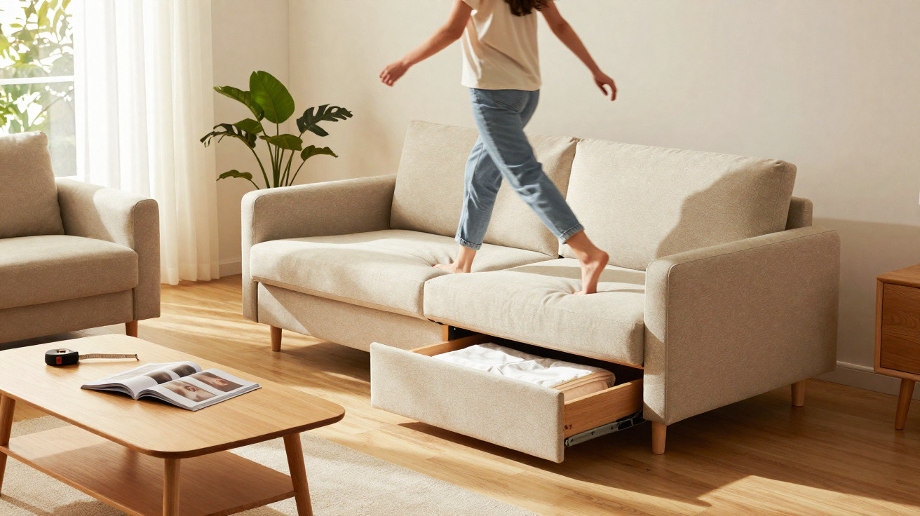 Mulher a caminhar sobre sofá bege numa sala luminosa com mesa de madeira e planta verde.