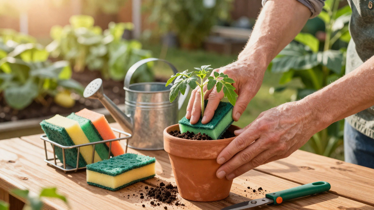Mãos a limpar um vaso de barro com uma esponja ao lado de regador e esponjas coloridas numa mesa de jardim.