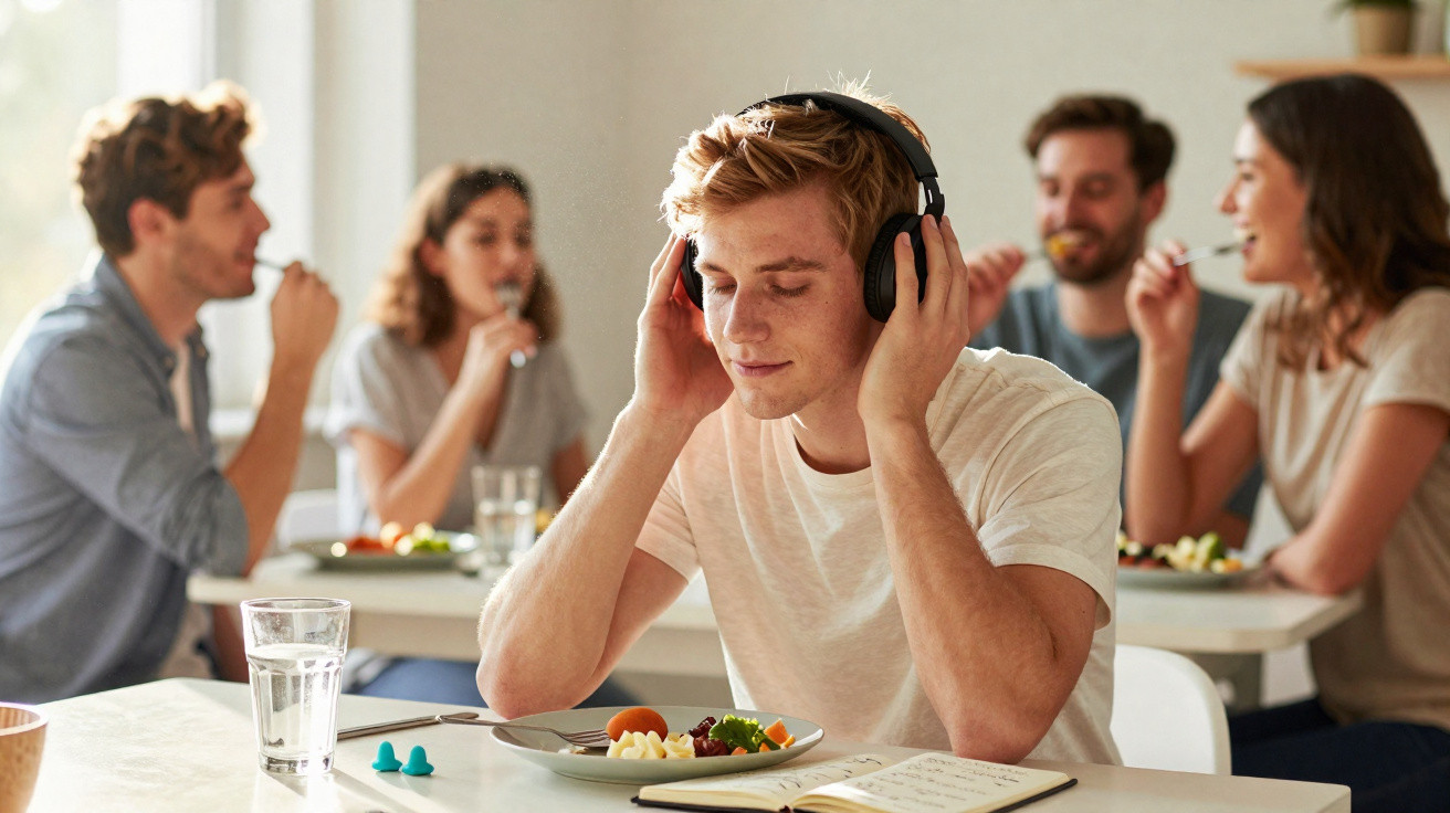 Jovem com auscultadores a ouvir música, isolado enquanto amigos conversam e comem ao fundo numa mesa.