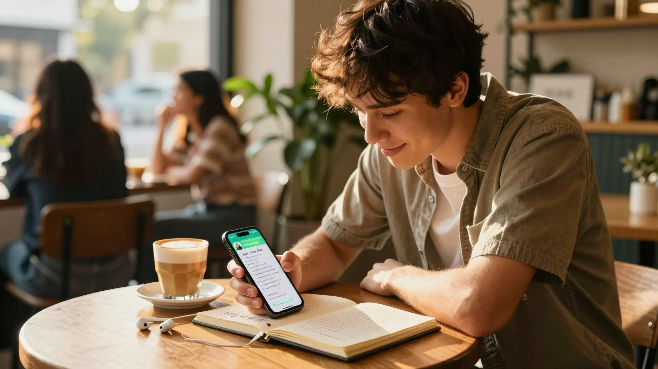 Pessoa sentada numa mesa de café a consultar o telemóvel e a fazer anotações num caderno.