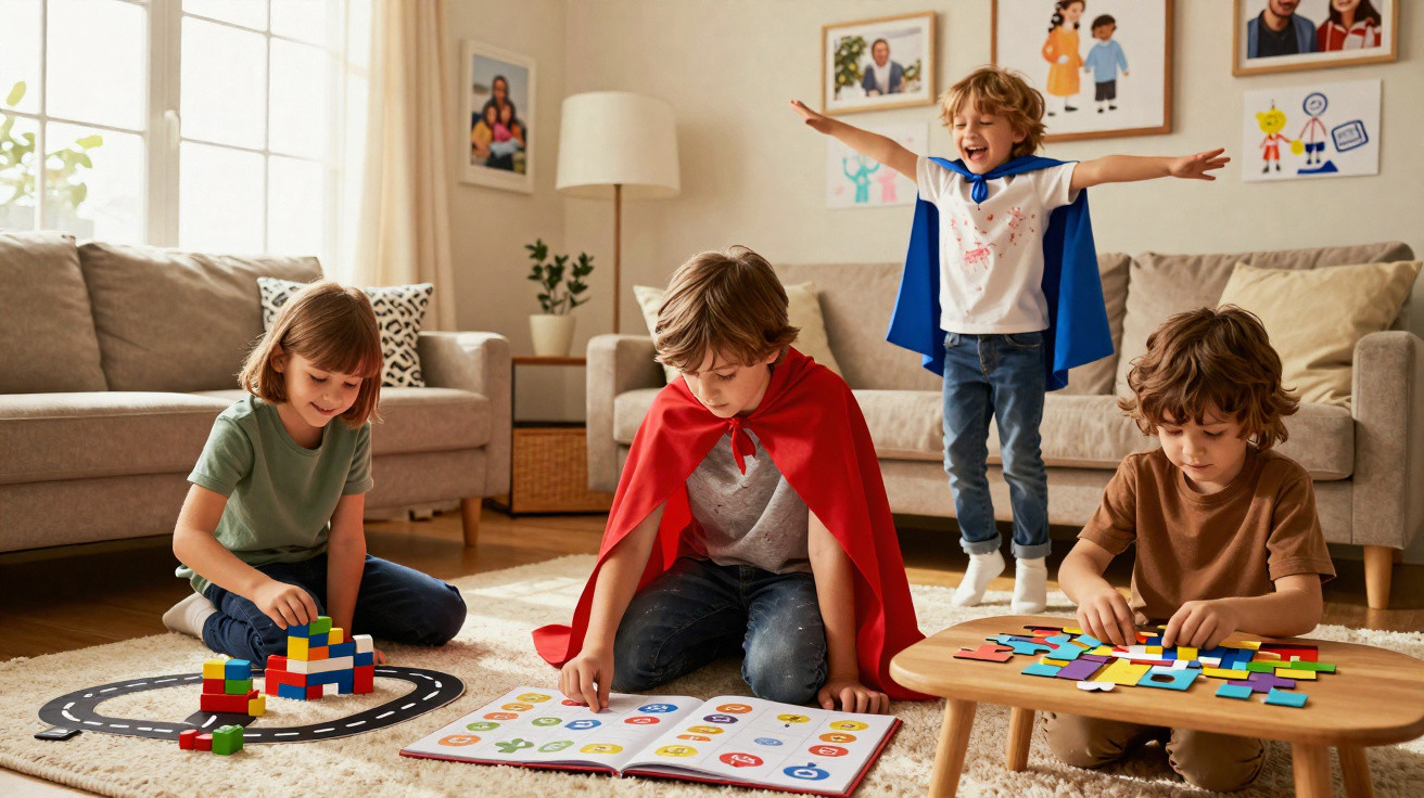 Crianças a brincar em casa com peças de construção, livros e fantasia de super-heróis.
