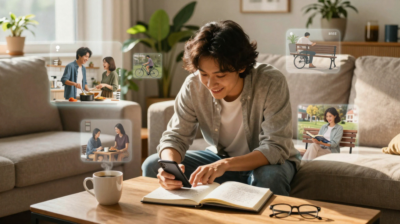 Jovem sorridente a usar telemóvel e planear atividades diárias enquanto está numa sala acolhedora.