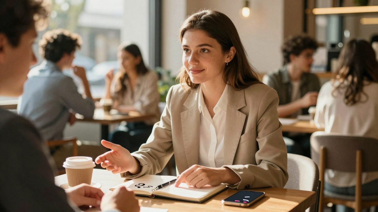 Duas mulheres em conversa amigável num café, com caderno aberto e telefone na mesa.