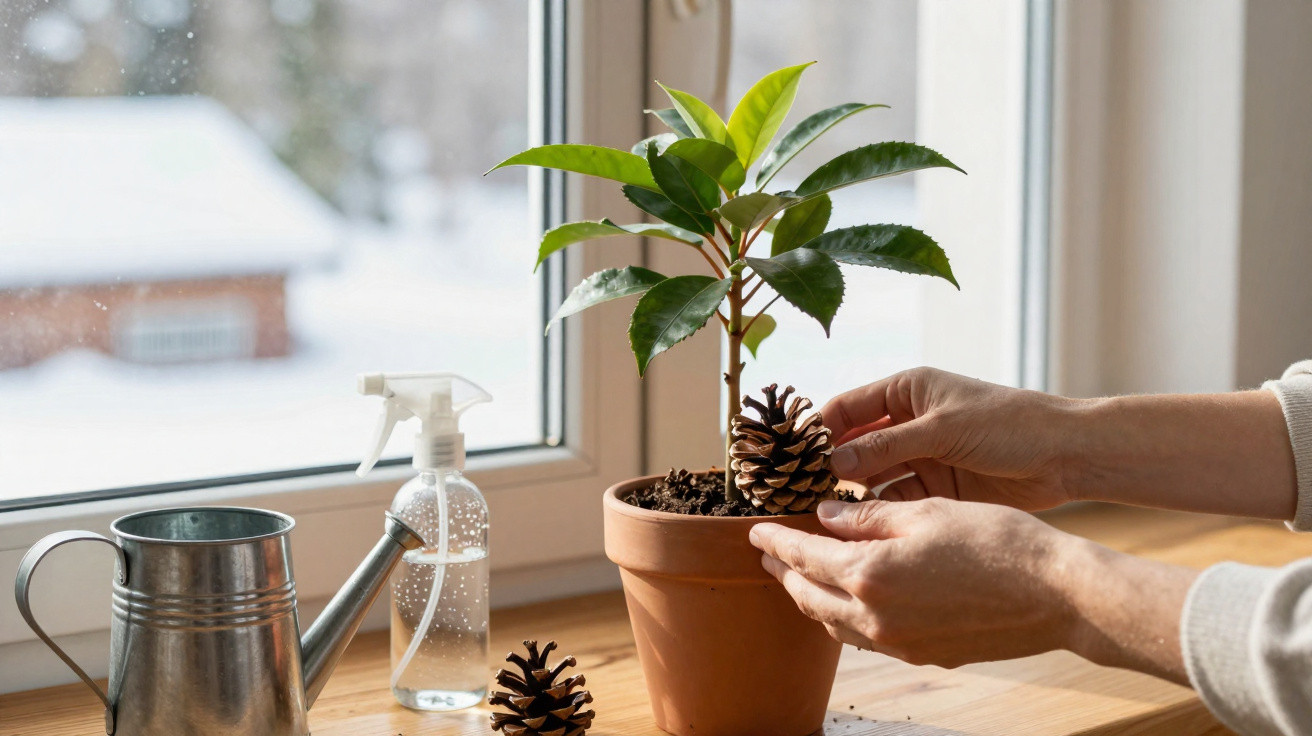 Mãos a decorar planta em vaso terracota com pinhas numa janela com regador e pulverizador ao lado.