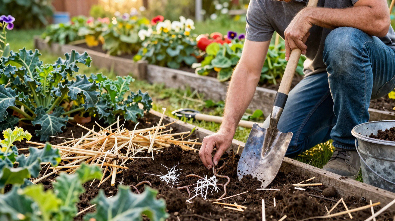 Pessoa a plantar sementes numa horta com ferramentas de jardinagem e plantas ao fundo.