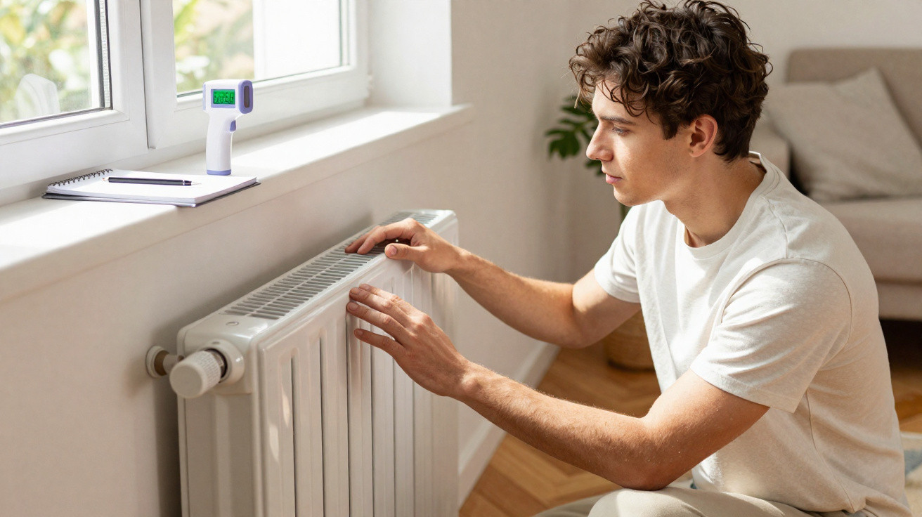 Homem verifica radiador de aquecimento junto à janela numa sala iluminada.