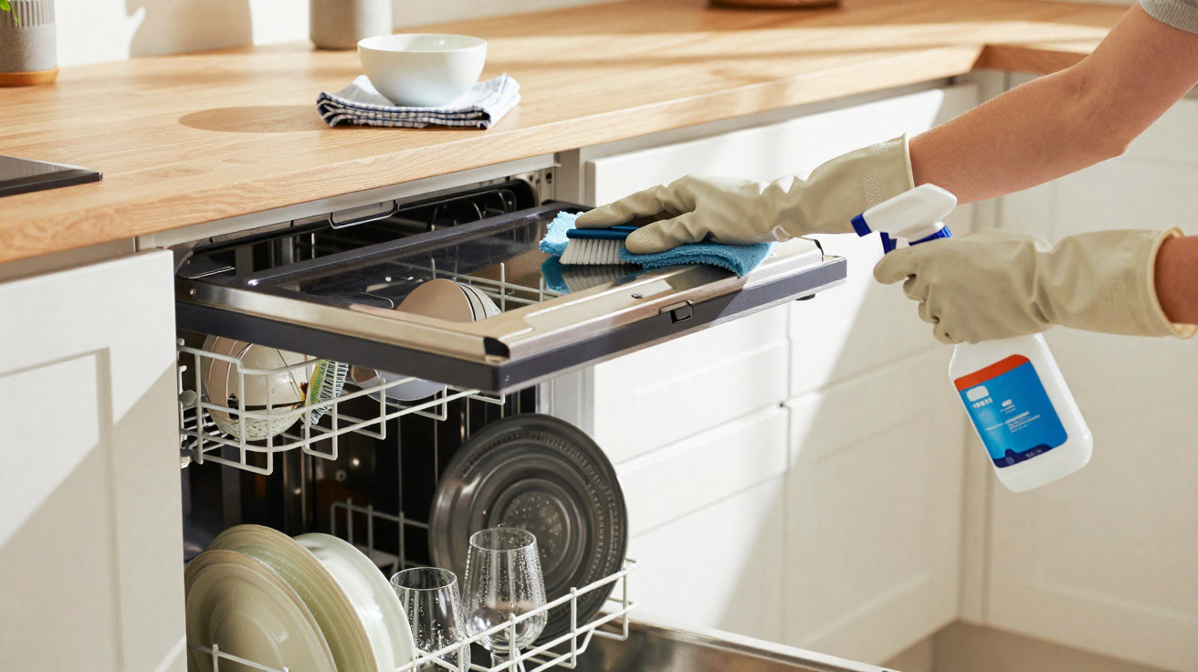 Pessoa a limpar e adesinfetar uma máquina de lavar loiça aberta numa cozinha moderna.
