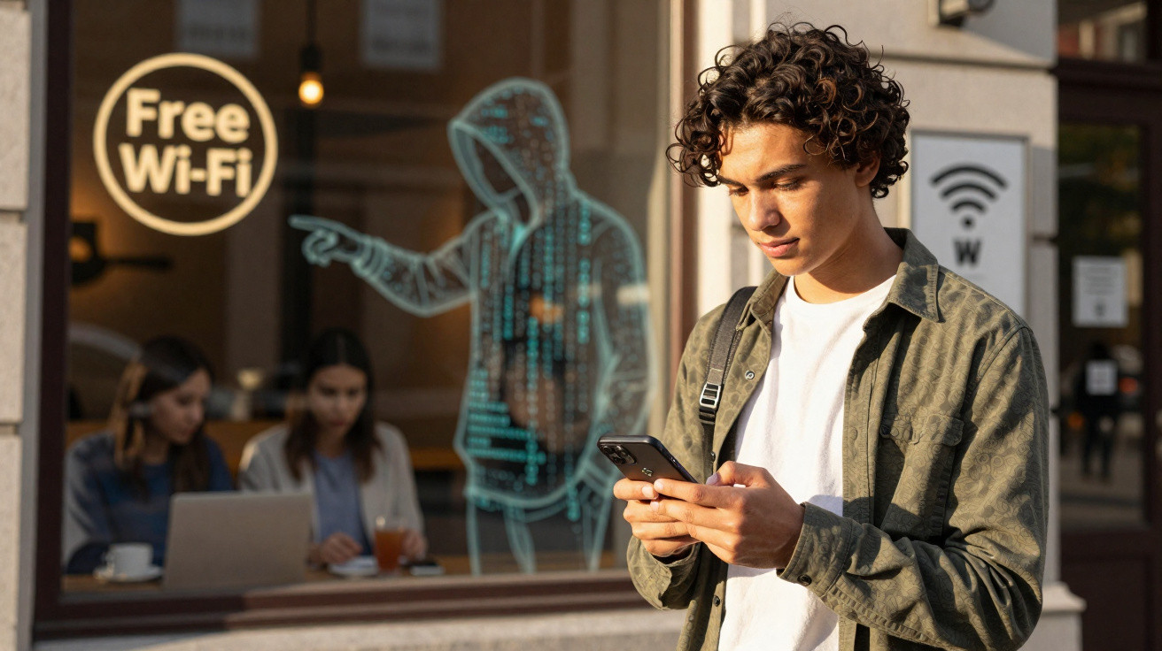 Jovem usa telemóvel em rua perto de café com sinal de Wi-Fi grátis e figura holográfica de hacker na janela.