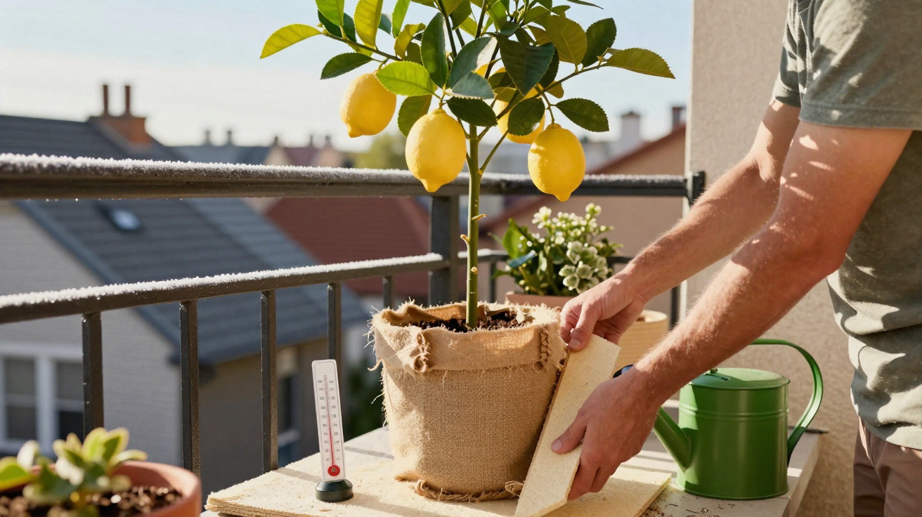 Pessoa cuida de limoeiro em vaso com regador verde numa varanda ensolarada com plantas à volta.