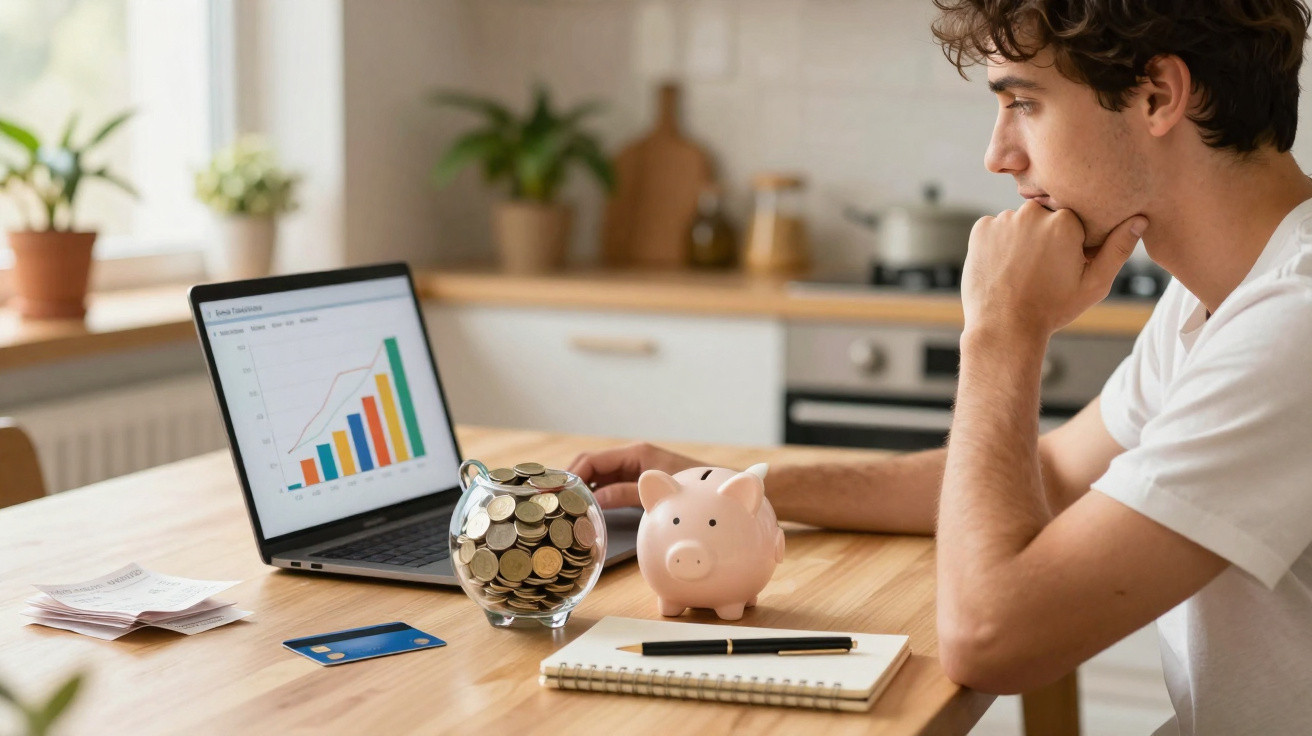 Jovem a trabalhar num gráfico financeiro num portátil com mealheiros e moedas numa mesa de madeira.