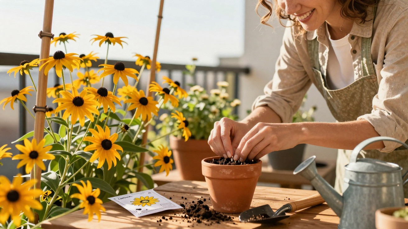 Mulher a semear sementes em vaso de barro num jardim com flores amarelas ao sol.