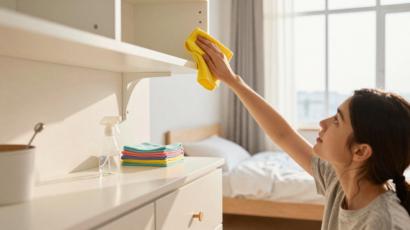 Mulher a limpar um móvel branco com um pano amarelo numa divisão bem iluminada com janela grande.