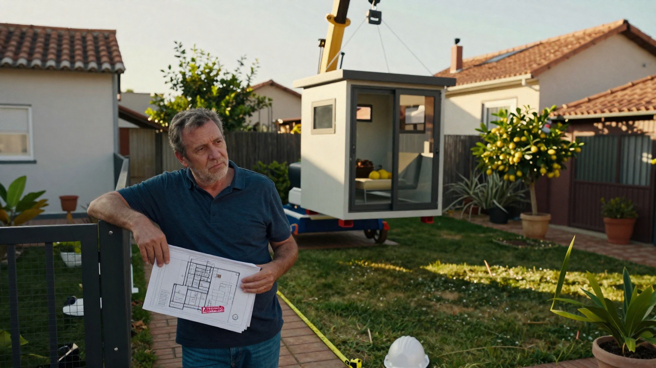 Homem com plantas na mão observa a instalação de uma pequena construção modular num jardim.