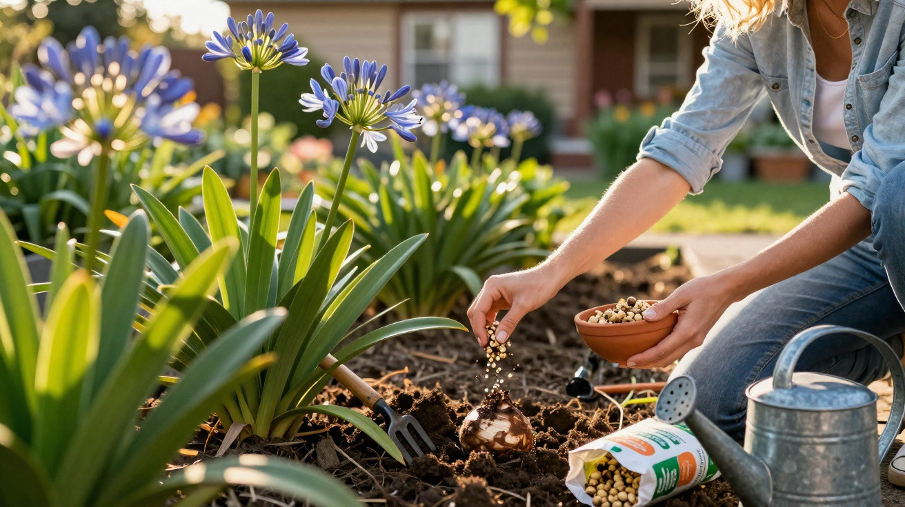 Pessoa a plantar flores lilases num jardim ensolarado com regador metálico e ferramentas de jardinagem.