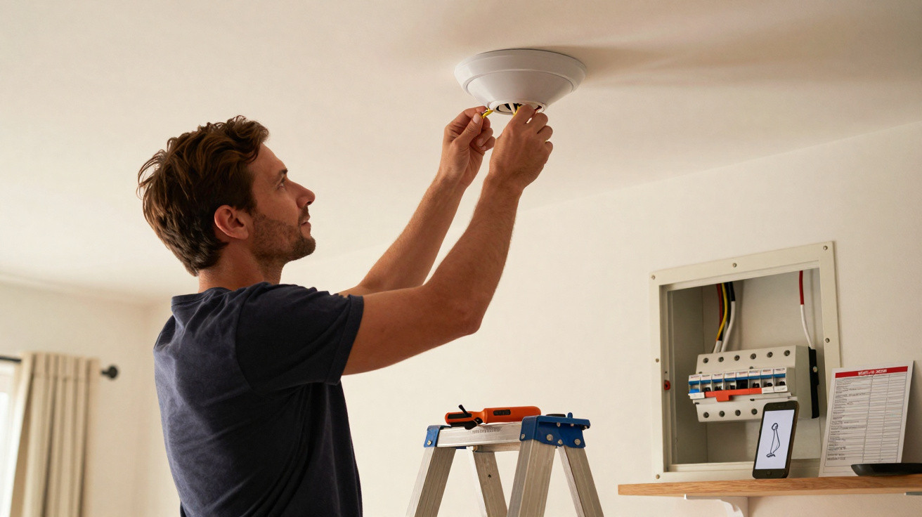 Homem a instalar ou reparar luminária no teto de uma divisão com quadro elétrico aberto na parede.