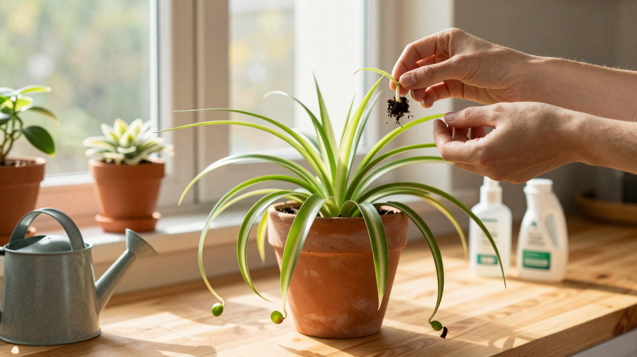 Mãos a plantar uma pequena planta na terra num vaso de barro, com outras plantas e regador ao fundo.