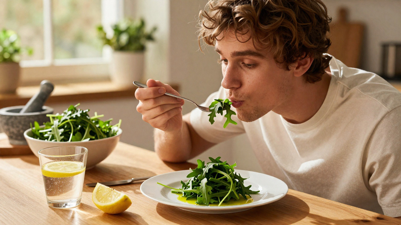Jovem a comer salada verde à mesa com um copo de água com limão num ambiente luminoso.