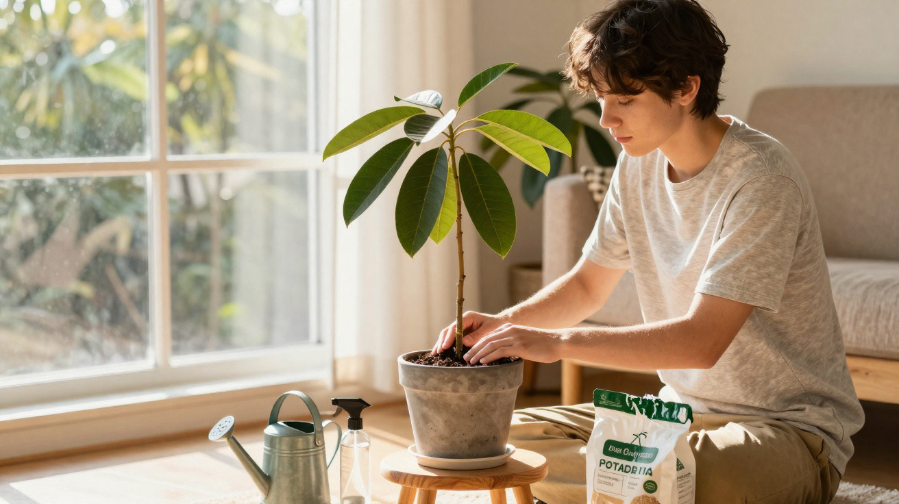 Jovem sentado no chão com planta em vaso, regador e produtos de jardinagem ao lado, em sala luminosa.