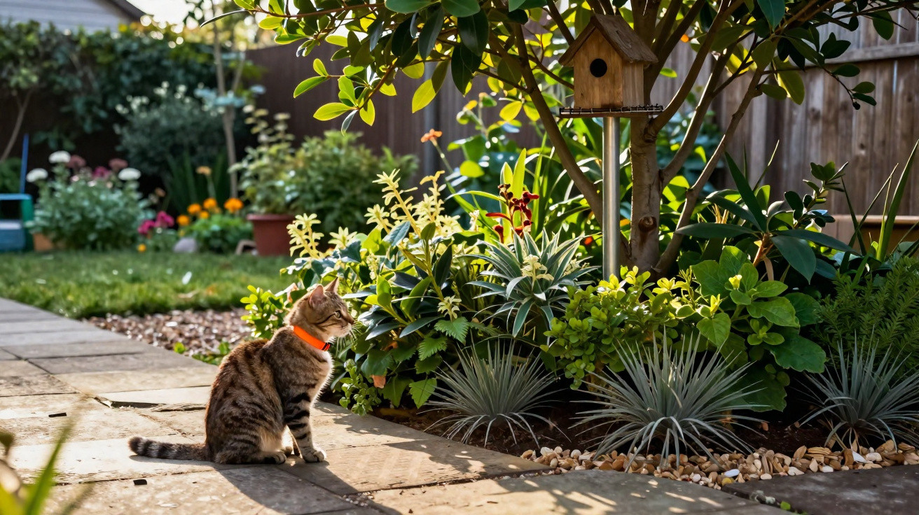 Gato com coleira laranja sentado numa calçada junto a um canteiro com várias plantas e casa de pássaros.