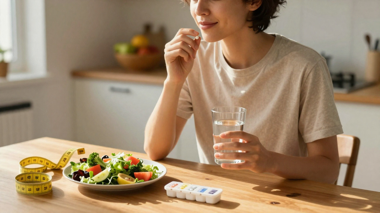 Jovem sentado à mesa prestes a tomar um comprimido com copo de água, com salada, fita métrica e caixa de comprimidos.