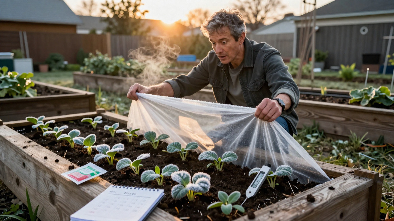 Homem cobre plantas jovens numa horta urbana ao ar livre durante o pôr do sol.