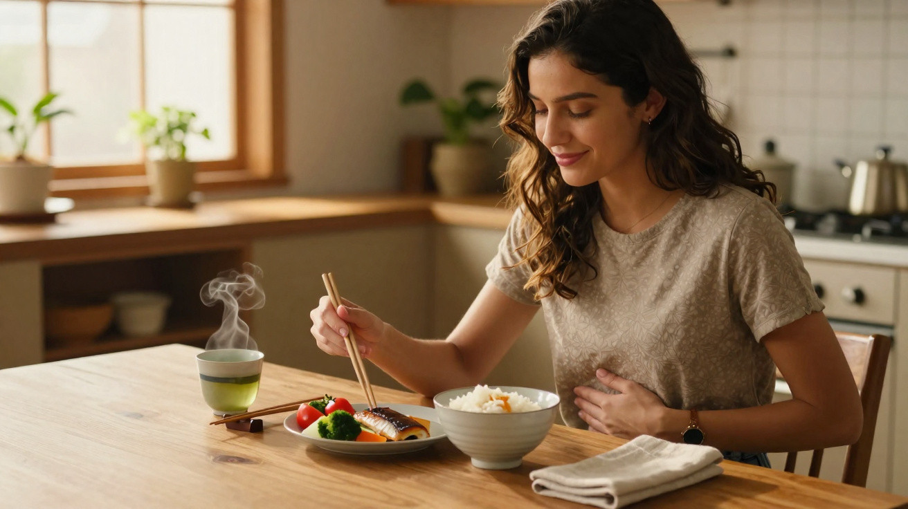 Mulher sentada à mesa a comer com pauzinhos, com prato de comida e tigela de arroz à sua frente.