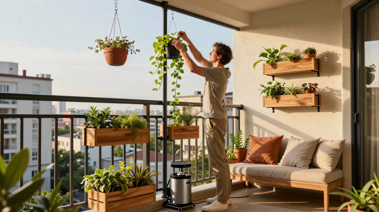 Jovem a cuidar de plantas num terraço com várias plantas em vasos e bancos de madeira com almofadas.