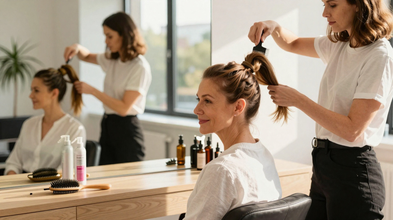 Mulher penteando cabelo de cliente numa sala iluminada com espelho e produtos de cabeleireiro.