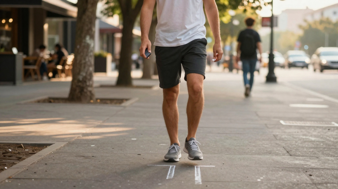 Pessoa a caminhar numa calçada urbana segurando um telemóvel com outras pessoas ao fundo.