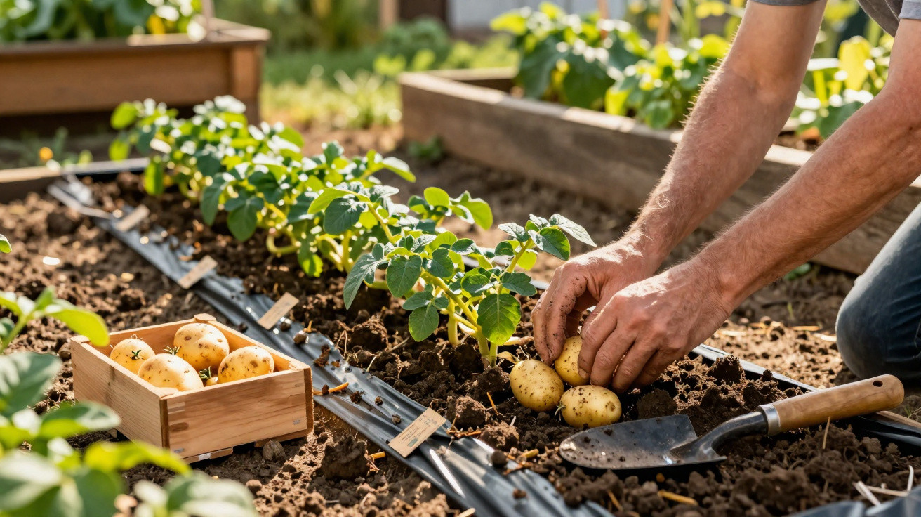 Mãos a colher batatas recém-cultivadas num canteiro com plantas verdes e caixa de madeira cheia de batatas.