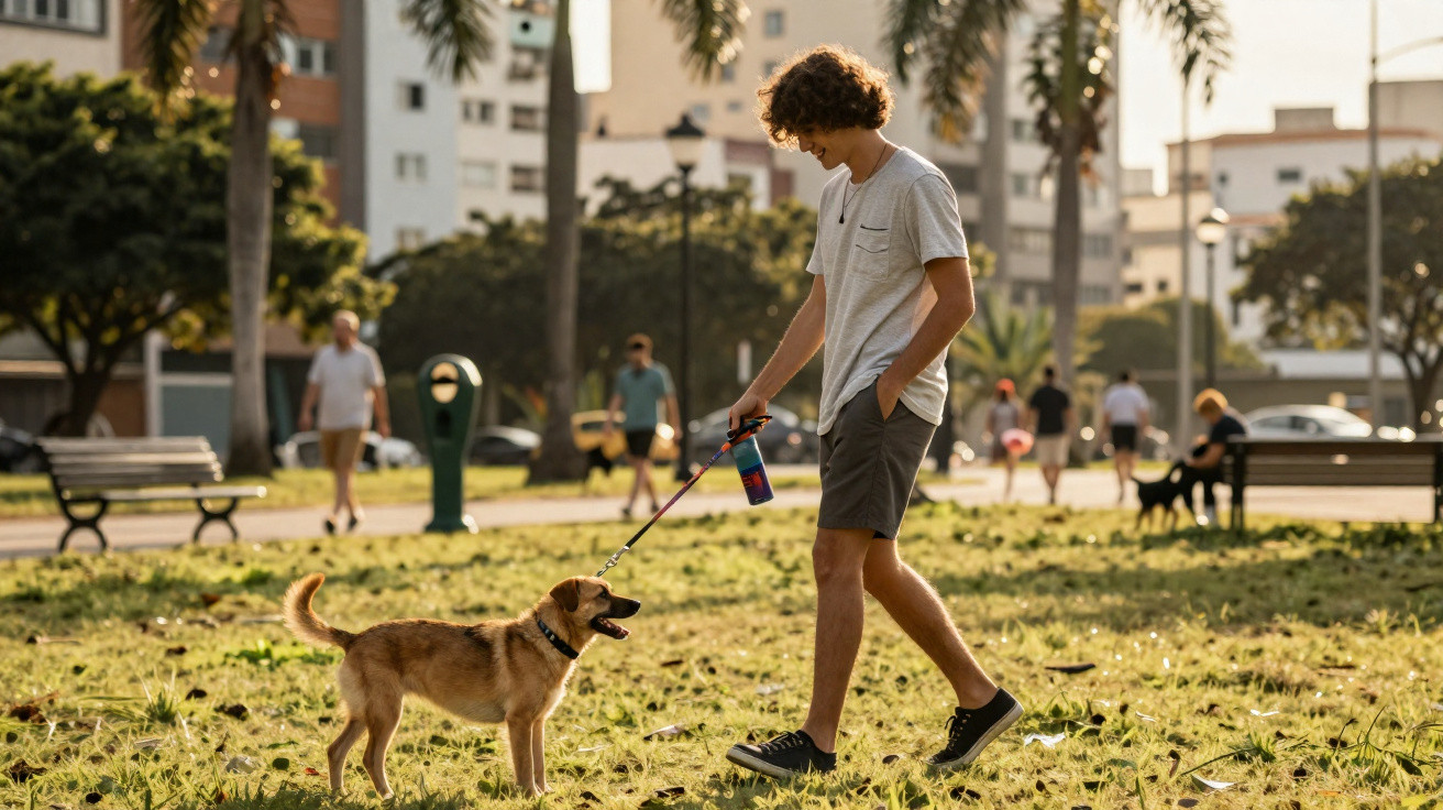 Jovem a passear com cão num parque urbano ensolarado com prédios ao fundo.