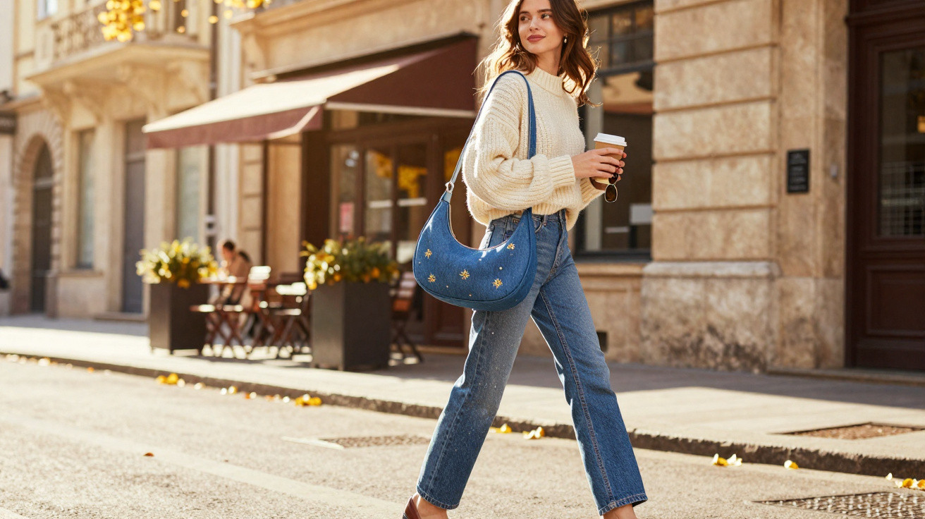 Mulher jovem a andar na rua com casaco branco, jeans, mala azul e dois copos de café para viagem.