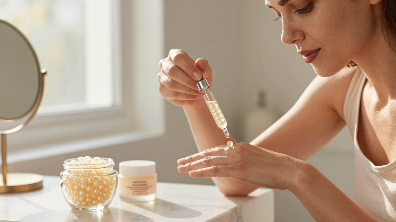 Mulher a aplicar sérum com conta-gotas na mão num ambiente luminoso com frascos de cosméticos.