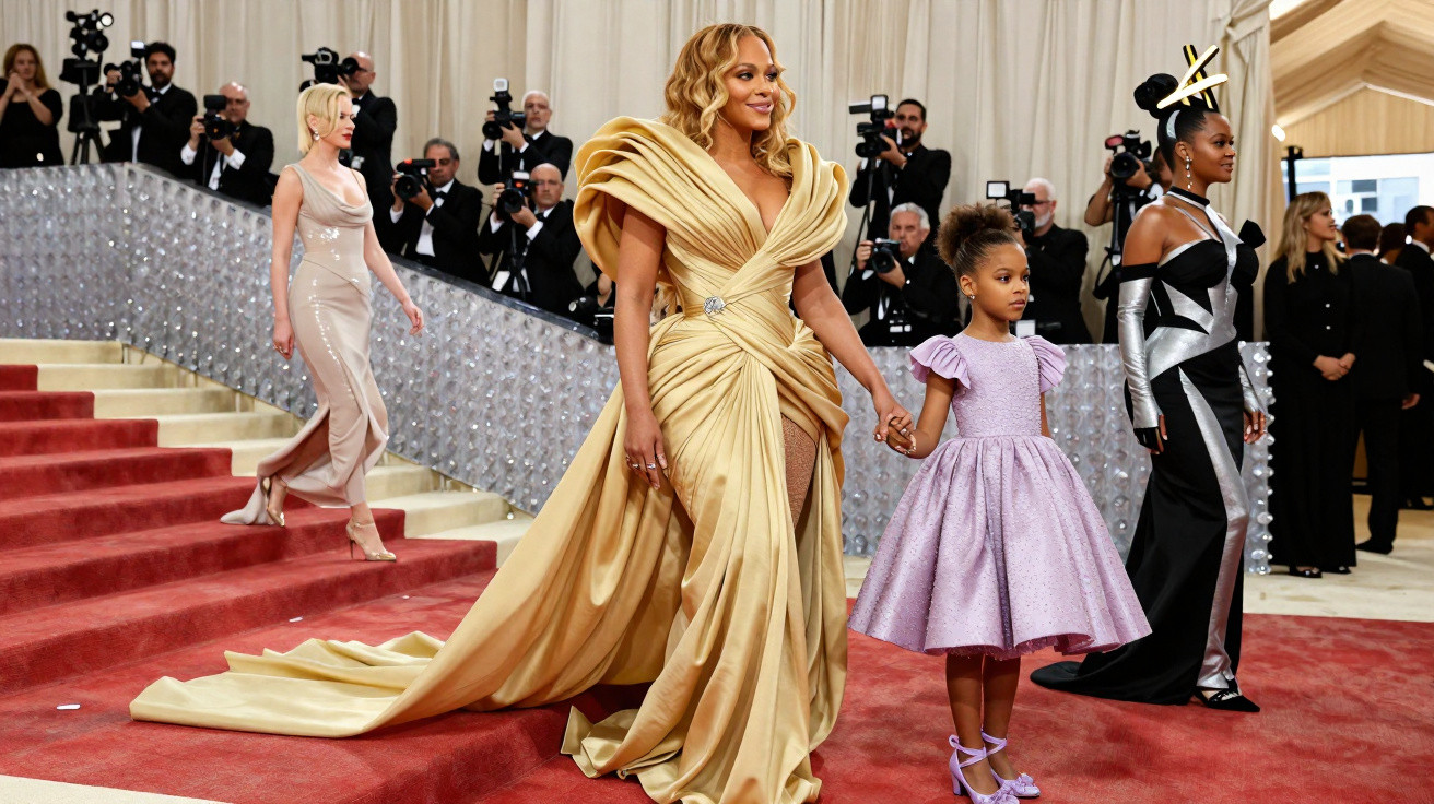Mulher em vestido dourado longo e criança de vestido lilás descem escadas vermelhas num evento com fotógrafos.