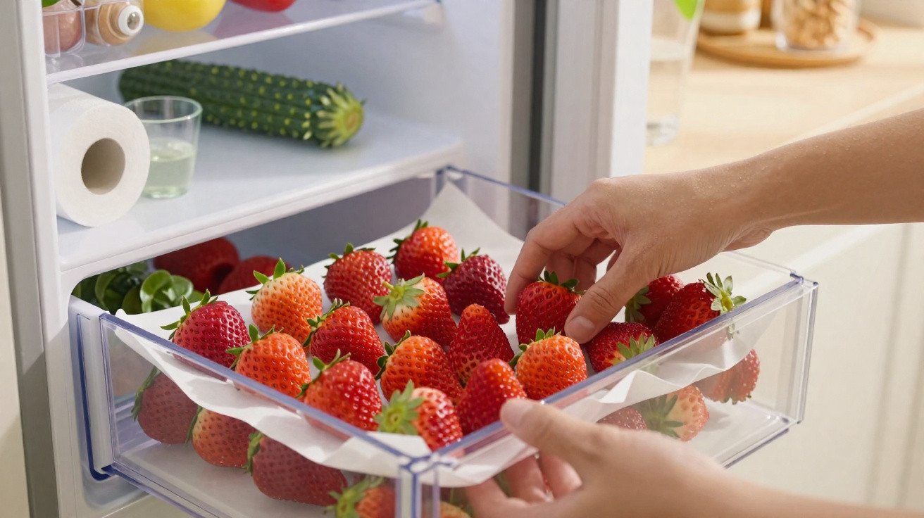 Mãos a colocar morangos frescos numa gaveta transparente dentro de um frigorífico com frutas ao fundo.