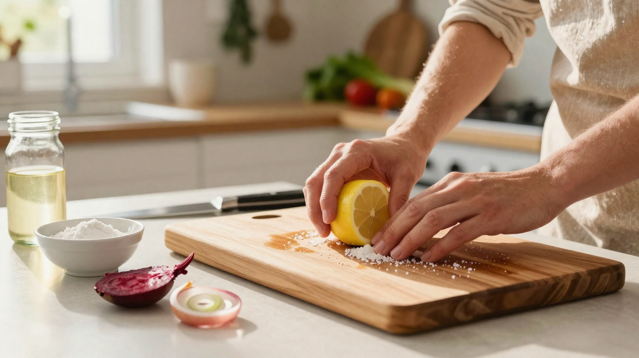 Pessoa a espremer limão sobre tábua de cortar madeira com ervas e legumes ao fundo numa cozinha iluminada.