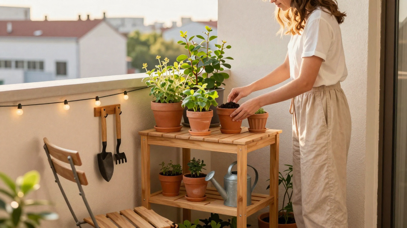 Pessoa a cuidar de plantas em vasos num pequeno jardim de varanda ao pôr do sol.