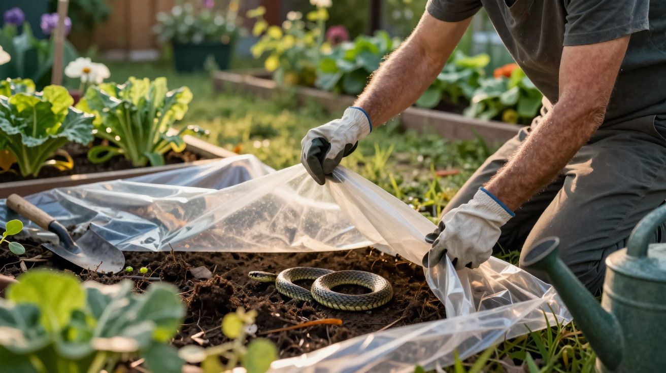 Pessoa a remover plástico do chão de um jardim com cobra enrolada na terra, rodeada por plantas e ferramentas.