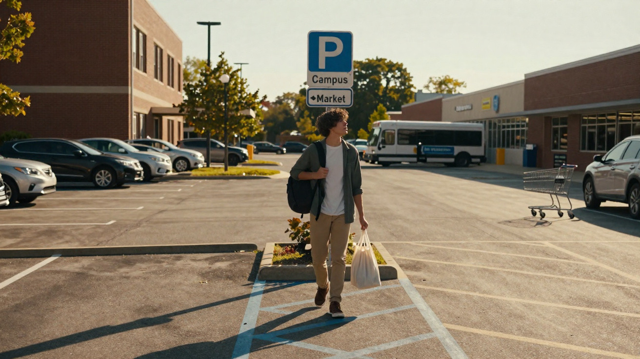 Jovem a caminhar num parque de estacionamento de campus com sacos de compras ao fim da tarde.