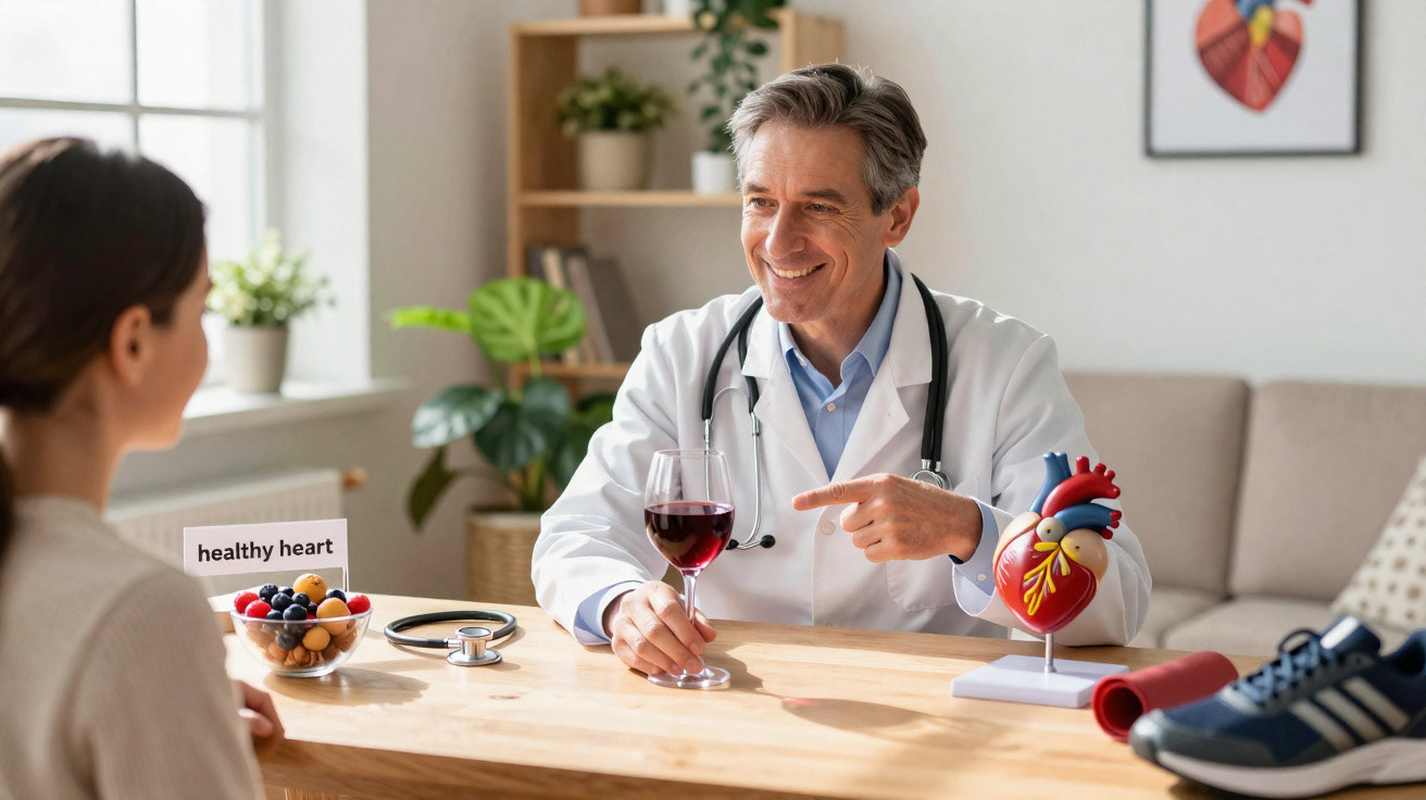 Médico a explicar benefícios do vinho tinto a paciente jovem num consultório com modelos anatómicos e fruta.