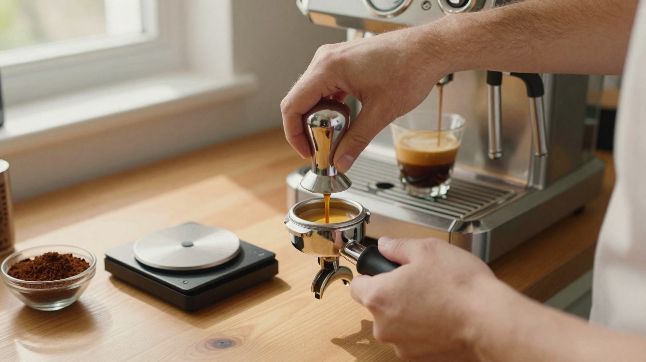 Pessoa a preparar café espresso numa máquina, usando um tamper para prensar o café moído.