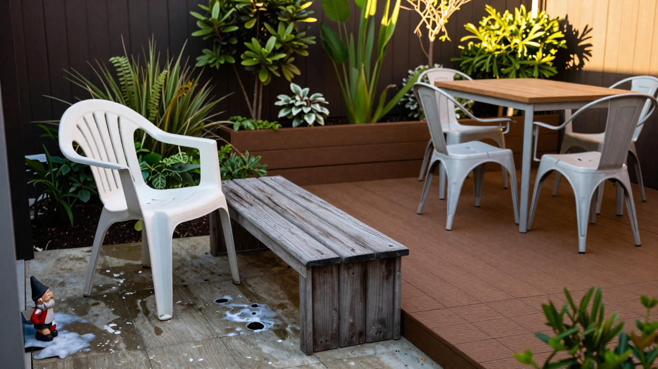 Área exterior com cadeiras brancas e metálicas, banco de madeira e plantas decorativas num jardim urbano.