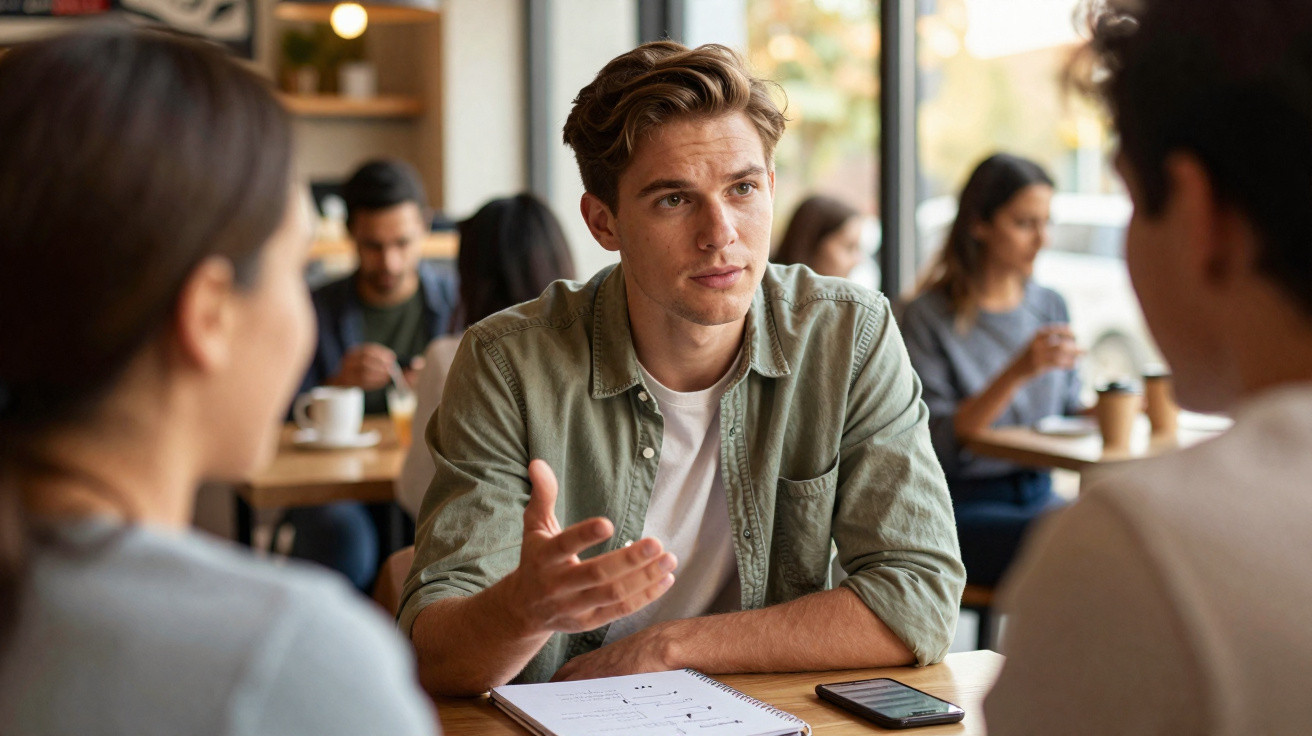 Homem a conversar e a tomar notas num caderno durante reunião informal numa cafetaria.
